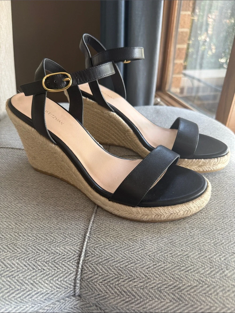 Stuart Weitzman Black Leather Espadrille Wedge Sandals